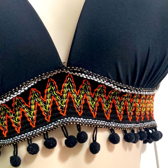 POM POM Triangle Halter Bellydance Athletic Bikini Swimsuit Top Womens Medium - Picture 7 of 13